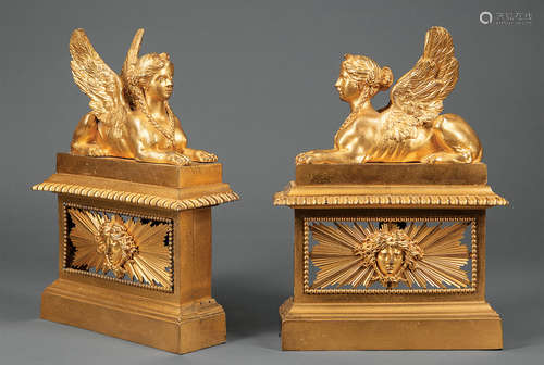 Pair of Antique French Gilt Bronze Sphinx Chenets , 19th c., over sun ray mask, h. 11 1/2 in., w.