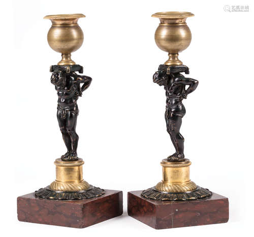 Pair of Charles X Gilt and Patinated Bronze and Rosso Antico Candleholders , early 19th c., Atlas