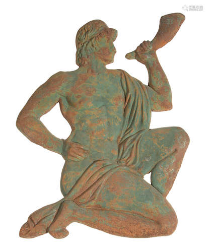 Cast Iron Figure of Classical Youth Blowing a Ram's Horn , remnants of green paint, h. 38 in., w. 29