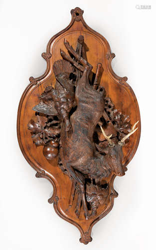 Large Swiss Black Forest Plaque , late 19th c., carved with game birds and deer, mounted with