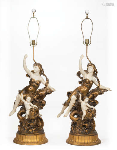 Pair of Large French Painted Metal Figural Lamps , 20th c., with nymph and cherub riding a