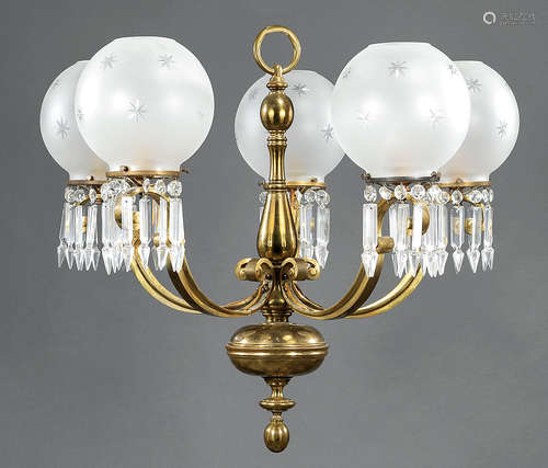 Pair of Continental Brass Five-Light Chandeliers , 19th c., vasiform standard, scroll arms, prism