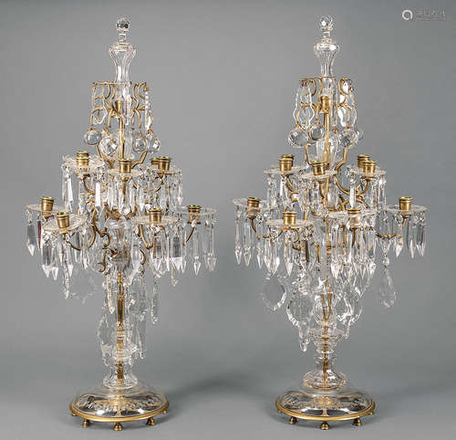 Pair of Crystal and Bronze Twelve-Light Girandole Candelabra . Note: One with loose top