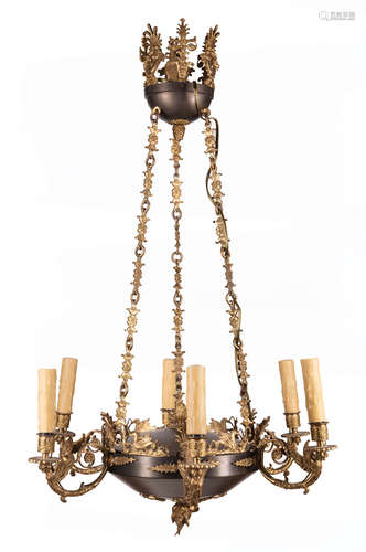 Empire-Style Gilt and Patinated Bronze Six-Light Chandelier , 20th c., mask and palmette decoration,