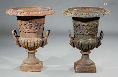 Pair of American Cast Iron Urns , 19th c., egg-and-dart molding, lion mask handles, lobed base,