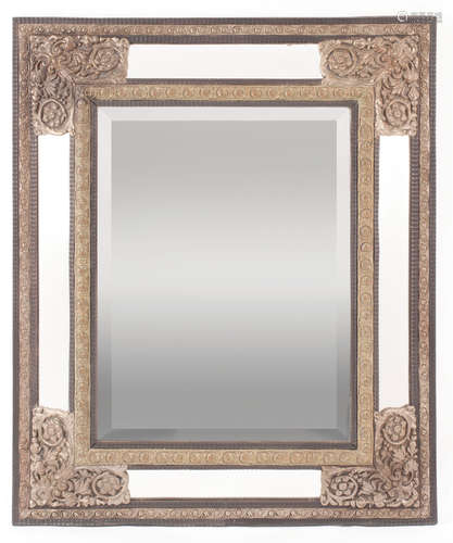 Napoleon III-Style Ebonized and Patinated Metal Repoussé Mirror , rope-molded surround, floral-