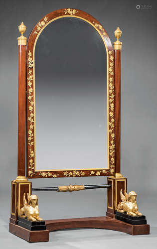 Antique Empire-Style Bronze-Mounted Mahogany Cheval Mirror , urn finials, arched mirror with