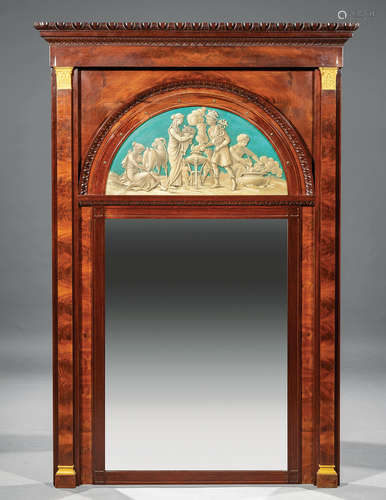 Empire-Style Bronze-Mounted Mahogany Pier Mirror , 20th c., egg and dart molded cornice, tympanum