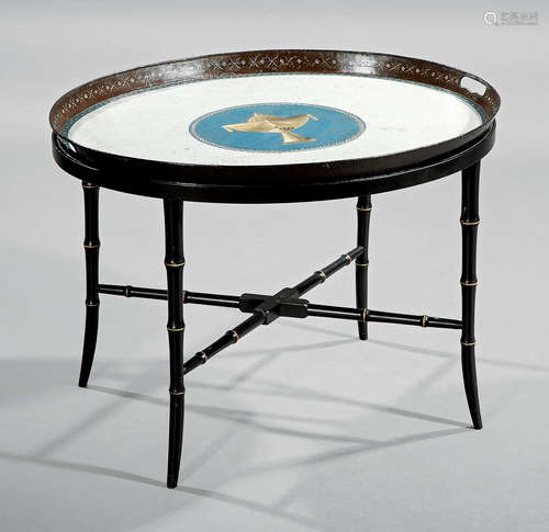 Antique English Tôle Peinte Gallery Tray , classical urn reserve, later custom bamboo-form stand, h.