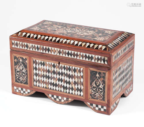 Moorish-Style Mother-of-Pearl Inlaid Hardwood Coffer , chamfered top, bracket feet , h. 12 in., w.