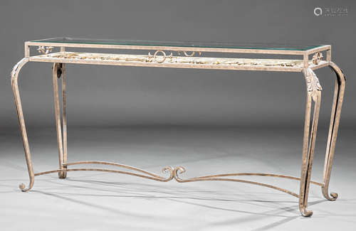 Continental Patinated Wrought Iron Console Table , early 20th c., inset glass top above sections