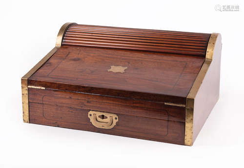 Chine Trade Brass-Mounted Mahogany Tambour Lap Desk , c. 1830, two-tiered camphorwood fitted