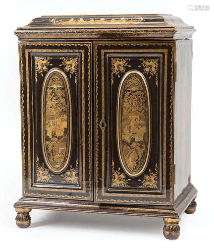 Chinese Export Gilt-Decorated Black Lacquer Table Cabinet Necessaire , mid-19th c., decorated