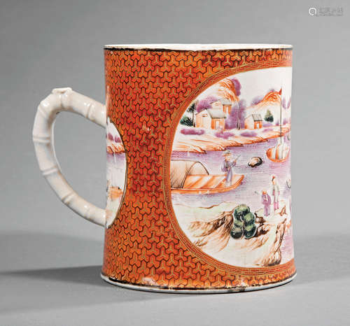 Chinese Export Mandarin Palette Porcelain Tankard , late 18th c., Qianlong, bamboo handle, painted