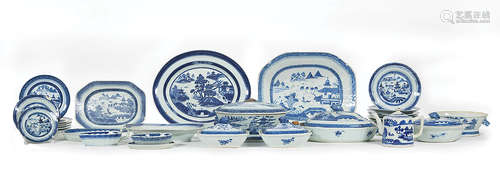 Large Assembled Chinese Export Canton Blue and White Porcelain Dinner Service , 19th c., incl.