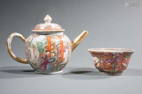 Chinese Export Mandarin Palette Porcelain Covered Teapot and Bowl , 18th c., Qianlong, each