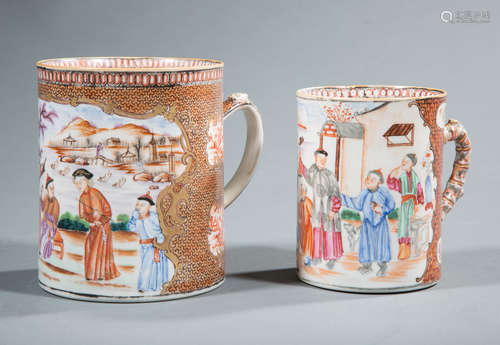 Two Chinese Export Mandarin Palette Porcelain Tankards , 18th c., Qianlong, each painted with