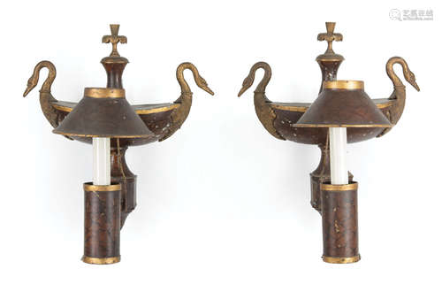 Pair of Empire Tole Peinte Wall Lamps , early 19th c., urn-form, swan handles, electrified, h. 12