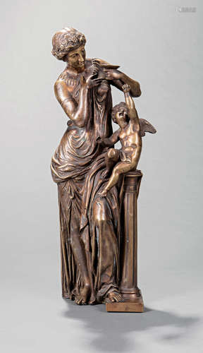 Bacchic Bronze Figural Group of a Maiden and Putto , h. 17 in., w. 5 3/4 in., d. 5 1/2 in