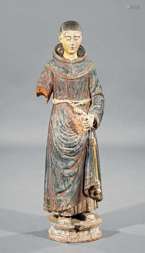 Large Carved and Polychrome Wood Figure of Saint Francis of Assisi , 18th/19th c., h. 44 in., w.