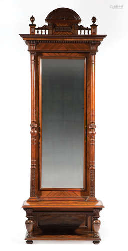 American Renaissance Carved and Figured Walnut Pier Mirror , c. 1870, architectonic pediment, turned