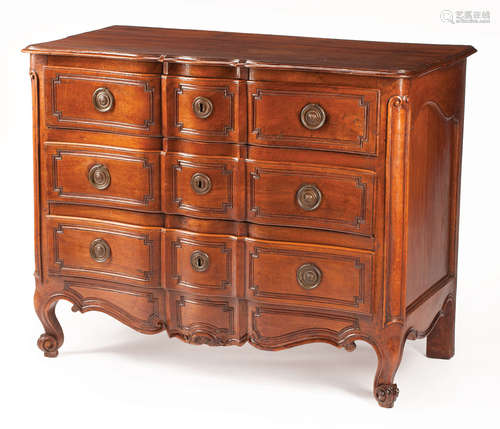 French Provincial Carved Walnut Commode , probably 18th c., serpentine top above three paneled