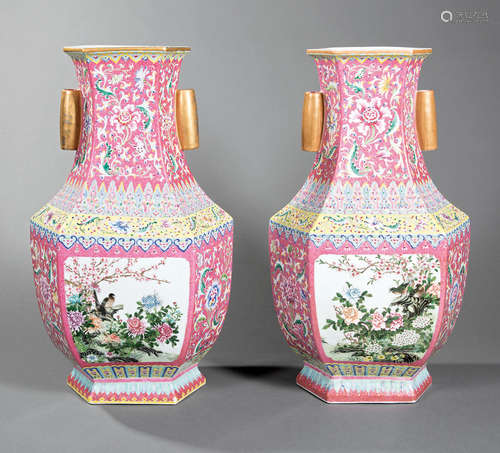 Pair of Chinese Famille Rose Porcelain Hexagonal Vases , 20th c., decorated with bird and flower