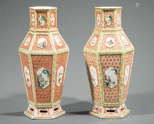 Pair of Chinese Famille Rose Porcelain Hexagonal Vases , Qing Dynasty (1644-1911), faceted bodies