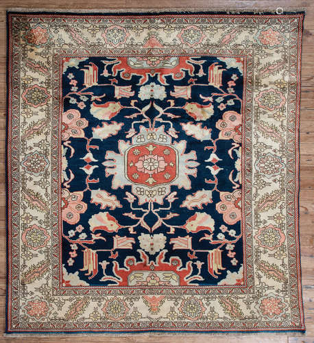 Persian Serapi Carpet , dark blue ground, light brown border, stylized floral design, 7 ft. 2 in.