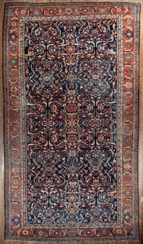 Large Antique Persian Carpet . blue ground, red border, overall stylized floral design, 11 ft. 11