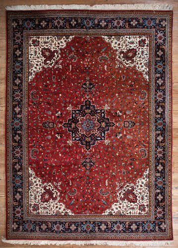 Heriz Carpet , red ground, blue border, white spandrels, central medallion, 8 ft. 1 in. x 11 ft. 3