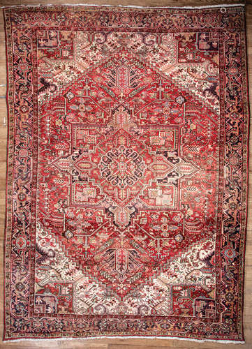 Antique Persian Carpet , red and cream ground, central medallion, 9 ft. 7 in. x 12 ft. 10 in .