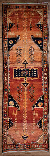 Persian Qashqai Carpet , red-orange ground, geometric, stylized floral and figural design, 4 ft. 3