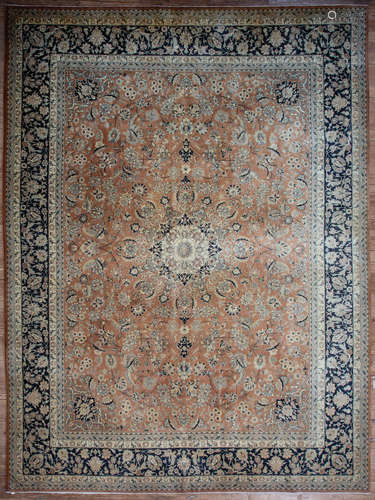 Fine Kashian Carpet , red ground, blue border, central medallion, overall floral design, 9 ft. 2 in.