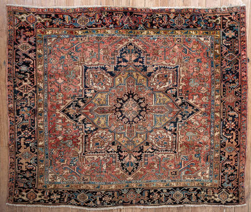 Antique Persian Heriz Carpet , red ground, central medallion, 6 ft. 11 in. x 8 ft. 8 in