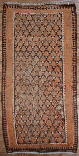 Antique Persian Kurdish Kilim Carpet , brown and orange ground, allover repeating design, 5 ft. 4