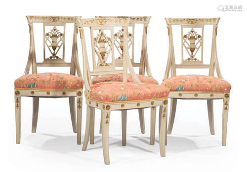 Four Directoire-Style Painted and Parcel Gilt Side Chairs , crest rail and pierced back with urn and