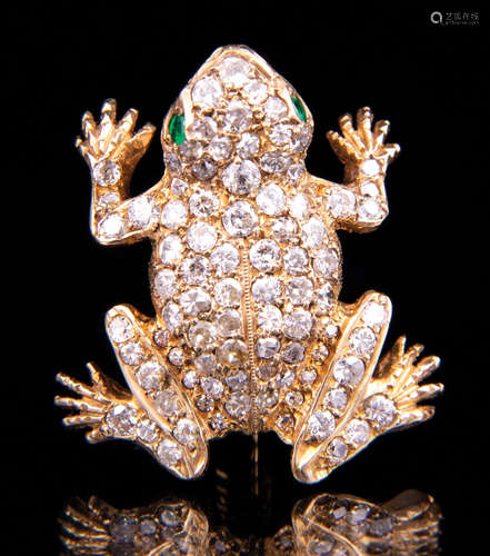 14 kt. Yellow Gold and Diamond Frog Pin , set with 85 round brilliant and single cut diamonds, total