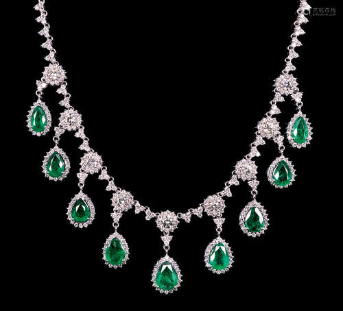 18 kt. White Gold, Diamond and Emerald Necklace , 9 pear shaped emeralds, total wt. approx. 19.93