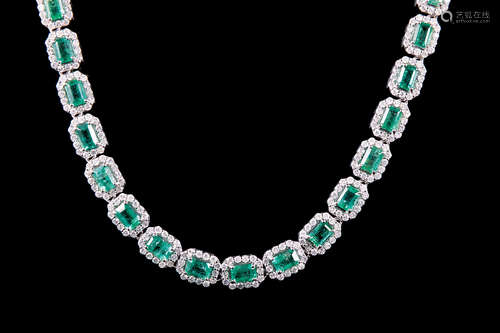 14 kt. White Gold, Emerald and Diamond Necklace , 41 prong set rectangular step cut natural