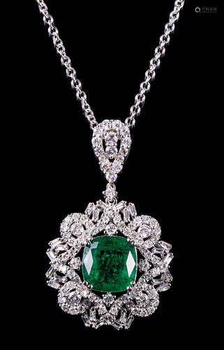 18 kt. White Gold, Emerald and Diamond Pendant with 14 kt. White Gold Chain , prong set square