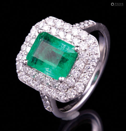 Platinum, Emerald and Diamond Ring , prong set rectangular step cut natural emerald, 8.80 x 7.00 x