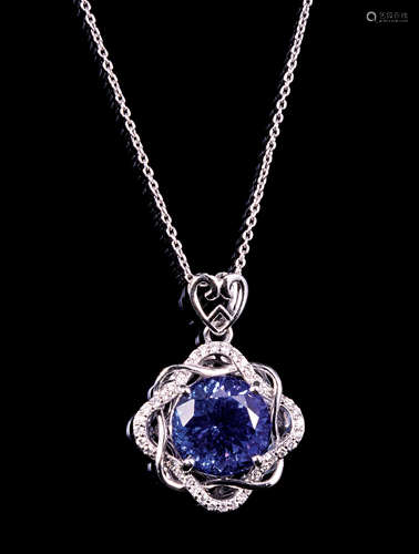 Platinum, Tanzanite and Diamond Pendant with Platinum Chain , prong set round modified brilliant cut