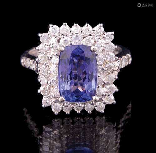 14 kt. White Gold, Tanzanite and Diamond Ring , central rectangular faceted tanzanite, wt. 3.07