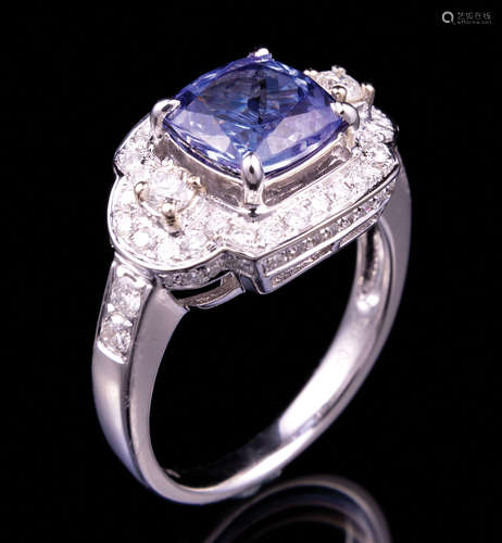 14 kt. White Gold, Tanzanite and Diamond Ring , prong set square cushion modified brilliant cut