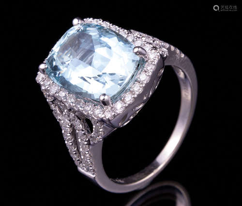 14 kt. White Gold, Aquamarine and Diamond Ring , prong set cushion cut aquamarine, approx. 5.95