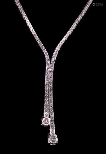 18 kt. White Gold and Diamond Necklace , 2 round brilliant diamonds, exact wt. 1.54 cts. and 1.09