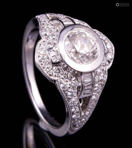 Platinum and Diamond Ring , bezel set round brilliant cut diamond, exact wt. 1.01 cts., I color, I-2