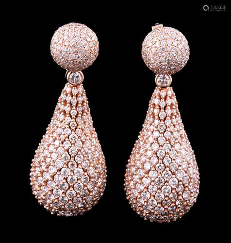 Pair of 18 kt. Rose Gold and Diamond Earrings , front with pave set round brilliant cut diamonds,