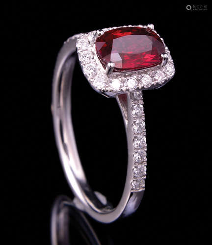 Platinum, Ruby and Diamond Ring , prong set oval mixed cut ruby, 7.41 x 5.08 x 3.24 mm, exact wt.